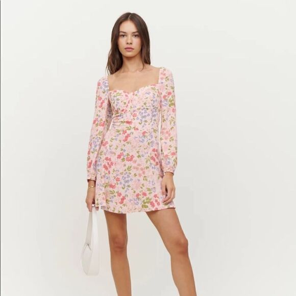 Reformation Mini Esmee Pink Dress Floral Long Sleeve Size 0 - Picture 6 of 11